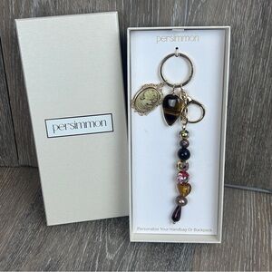 Cameo Keychain w/ Tiger’s Eye & Beads 
– Gold-Tone Bag Charm by Persimmon